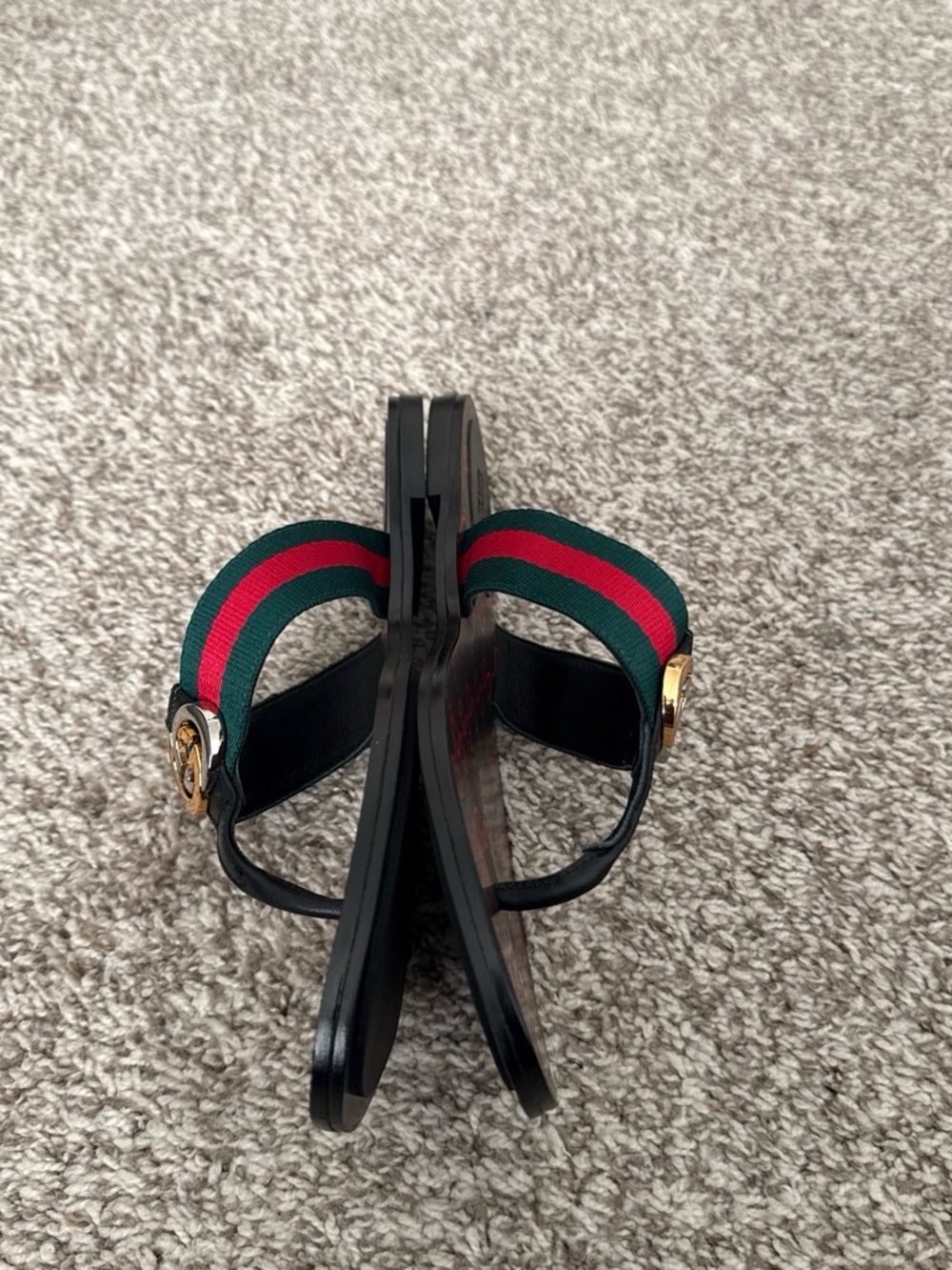 Gucci Black Sandals with Green & Red Web and Gold GG Emblem - Picture 7 of 8